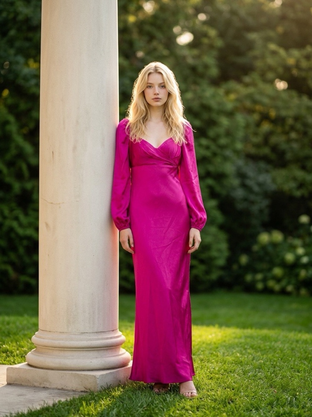 NWT Mac Duggal 495191 Magenta Satin Puff Sleeve Formal Gown Dress Size 6